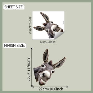 Detailed sheet size and finish size specifications for the funny donkey window sticker