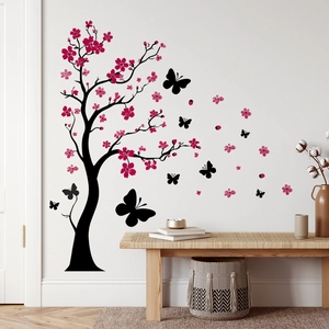 Stickers muraux cerisier rose avec papillons pour décoration murale du salon