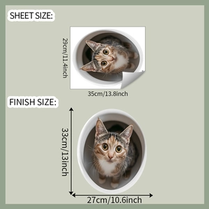 Tabella dimensioni dettagliata per adesivo gatto 3D con misure del foglio e posizionamento