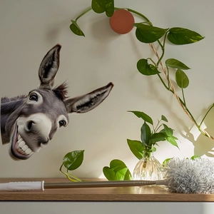 Funny donkey window decal with microfiber telescopic duster on a wooden tabletop