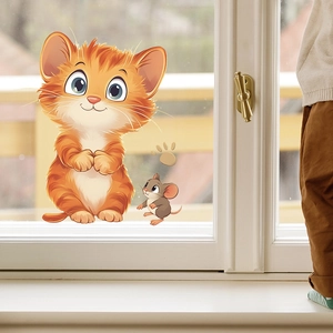 Cartoon orange cat and little mouse self-adhesive wall stickers for cozy home decoration