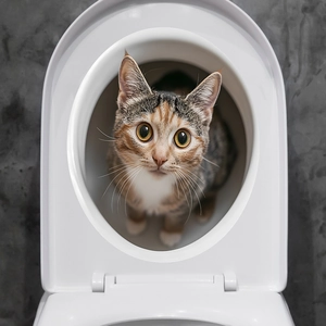 Dettaglio di un simpatico adesivo gatto calicò su un copriwater bianco in stile moderno