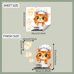 Detailed sheet and finish size layout of cartoon chef cat kitchen wall sticker decor
