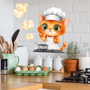 Cartoon orange cat chef kitchen wall sticker on white brick background for home decor