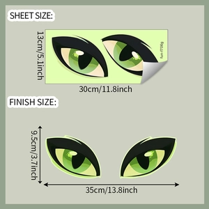Dimensions détaillées de la planche et du rendu final du sticker yeux verts fluorescents