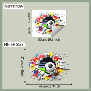 Detail showing dimensions of 3D cracked wall soccer wall sticker with sheet and finish sizes