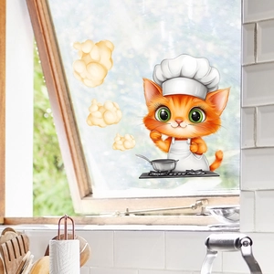 Cartoon chef cat wall sticker with chef hat and apron for kitchen wall and glass decor