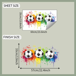 Tableau des tailles détaillé pour stickers muraux de football avec taches de couleur