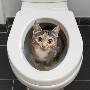 WC in ceramica bianca minimalista con simpatico adesivo gatto su superficie lucida