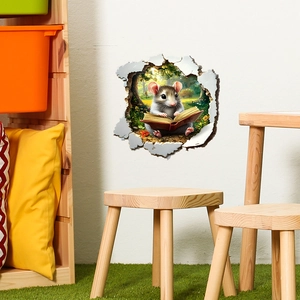 3D hole-in-wall wall sticker featuring a cute mouse reading a book for home decor