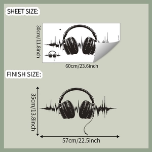 Détail du sticker mural casque avec dimensions de la planche 30x60cm et taille finie 35x57cm