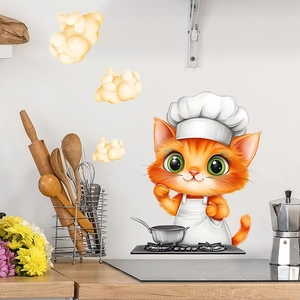 Cartoon chef cat kitchen wall sticker with orange cat cooking and yellow steam clouds