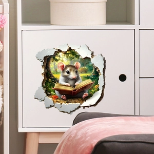3D wall sticker featuring a cute mouse reading in a forest through a broken wall hole