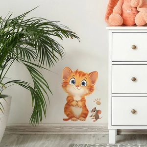 Cartoon orange striped cat and small mouse wall decal for home nursery decoration