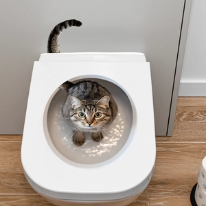 Vista dall'alto di un gatto soriano su un sedile da addestramento per WC in plastica bianca