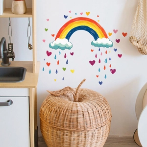 Rainbow wall stickers with white clouds and colored hearts for nursery wall decor