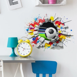 3D football wall decal showing a soccer ball breaking through a wall for home decor