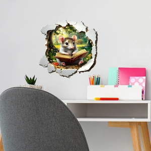 3D hole-in-the-wall sticker showing a cute mouse reading a book in a forest
