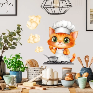 Cartoon Chef Cat Wall Sticker Waterproof PVC Decorative Decal For Kitchen Dining Room Restaurant Backgound Wall Decor