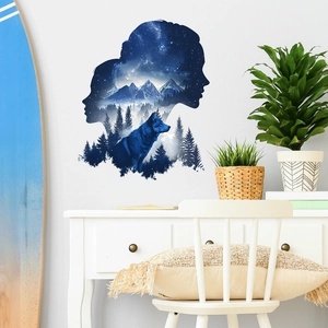 Artistic double exposure wall decal featuring wolf and mountain starry sky silhouette