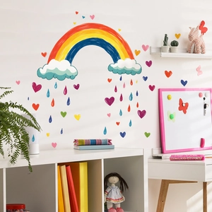 Rainbow and cloud wall decals with colorful hearts for children's bedroom decor