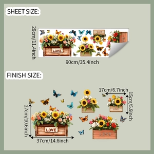 Detail showing dimensions of sunflower and butterfly wall decals with LOVE flower pots