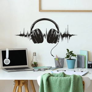 Sticker mural créatif avec casque et ondes sonores pour décoration de bureau moderne