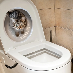 Dettaglio del sedile per addestramento gatti al WC in plastica bianca su una toilette