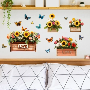 Floral wall decal set with sunflowers and butterflies in rustic love flower baskets
