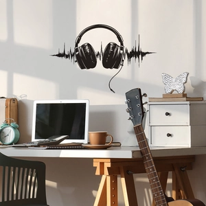 Sticker mural casque et ondes sonores audio pour déco moderne de salle de musique