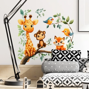 Cartoon animal wall stickers featuring giraffe, monkey, and fox in a cozy nursery room