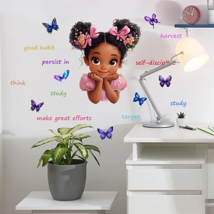 Stickers muraux inspirants avec fille de dessin animé, papillons colorés et phrases