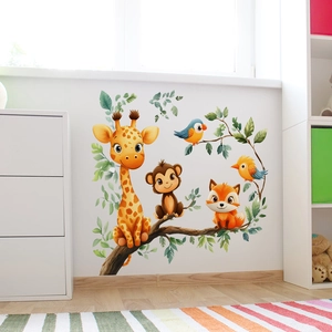 Cartoon animal wall decals with giraffe and monkey on branches for nursery decor