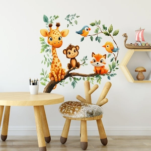 Cartoon forest animals wall stickers featuring giraffes and monkeys for kids' room decor