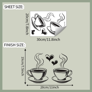 Detail of coffee cup and heart wall stickers showing sheet size and finish dimensions