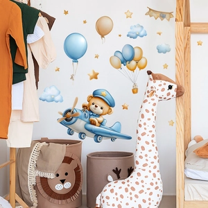 Adesivi murali orsetto pilota su aereo blu con palloncini e stelle dorate per bimbi