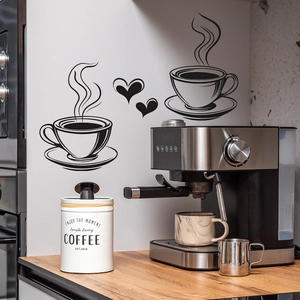 Minimalist coffee cup wall decals with heart accents for cafe and kitchen wall decor