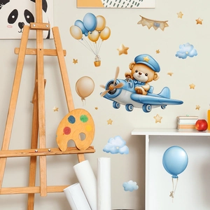 Adesivi murali con orsetto in aereo, palloncini colorati e stelle per cameretta bambini