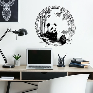 Minimalist panda and bamboo wall sticker with ink painting style in a modern room