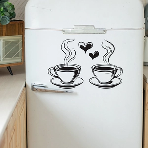 Minimalist coffee cup heart wall sticker on a vintage white fridge in a cozy kitchen setting