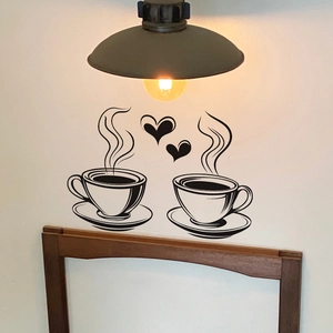 Minimalist vinyl wall sticker featuring steaming coffee cups and hearts for cafe decor