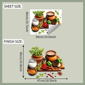 Kitchen wall sticker showing sheet size 40x50cm and finished watercolor vegetable design