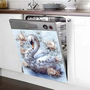 Elegant white swan magnetic dishwasher sticker with diamond pattern and light floral details