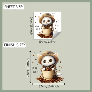 Detail showing cartoon cat in coffee cup wall sticker with dimensions and text
