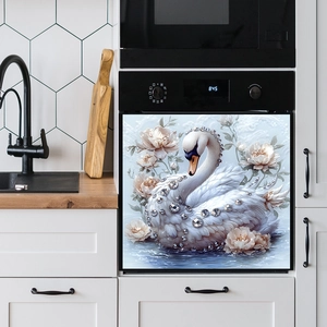 Elegant white swan and peony decorative sticker for kitchen appliance and dishwasher