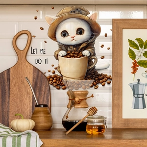 Cute cartoon cat and coffee beans wall sticker on kitchen tile with Let Me Do It text