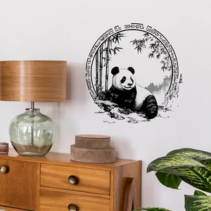 Minimalist panda wall sticker with bamboo in circular frame for home decoration