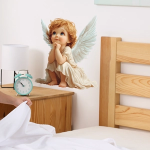 Cute angel wing wall sticker with golden hair for bedroom and living room decor