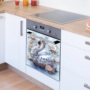 Elegant swan and peony flower decal for kitchen oven door decoration in modern home