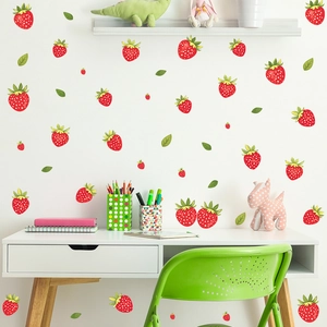 DIY strawberry wall stickers for bedroom with cute red fruits and green leaves